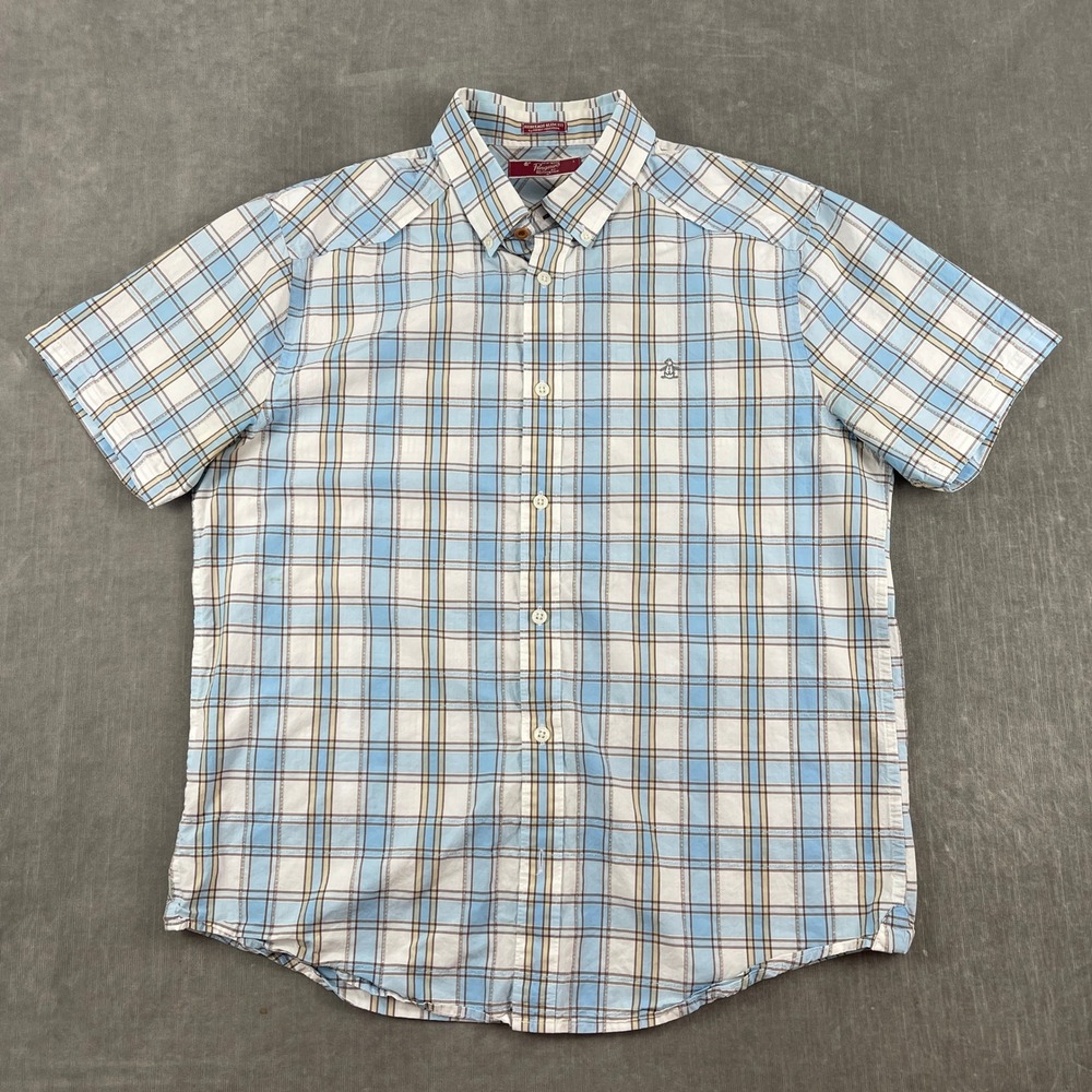Original Penguin Mens L Blue Plaid Button Down Shirt Heritage Slim Fit